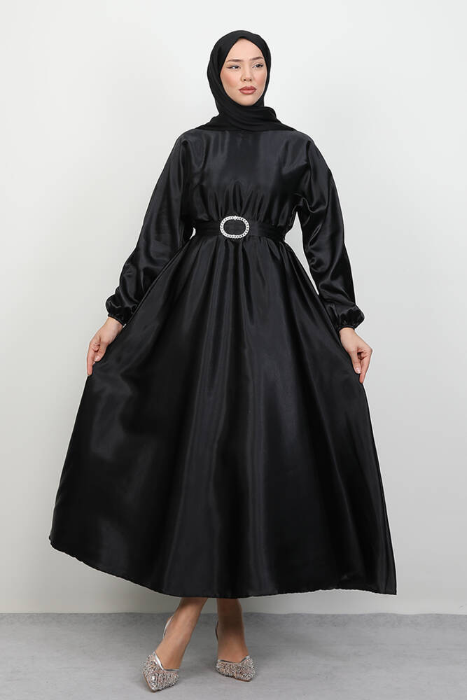 Zincir Motif Kuşaklı Elbise Siyah - LAMİAGİYİM