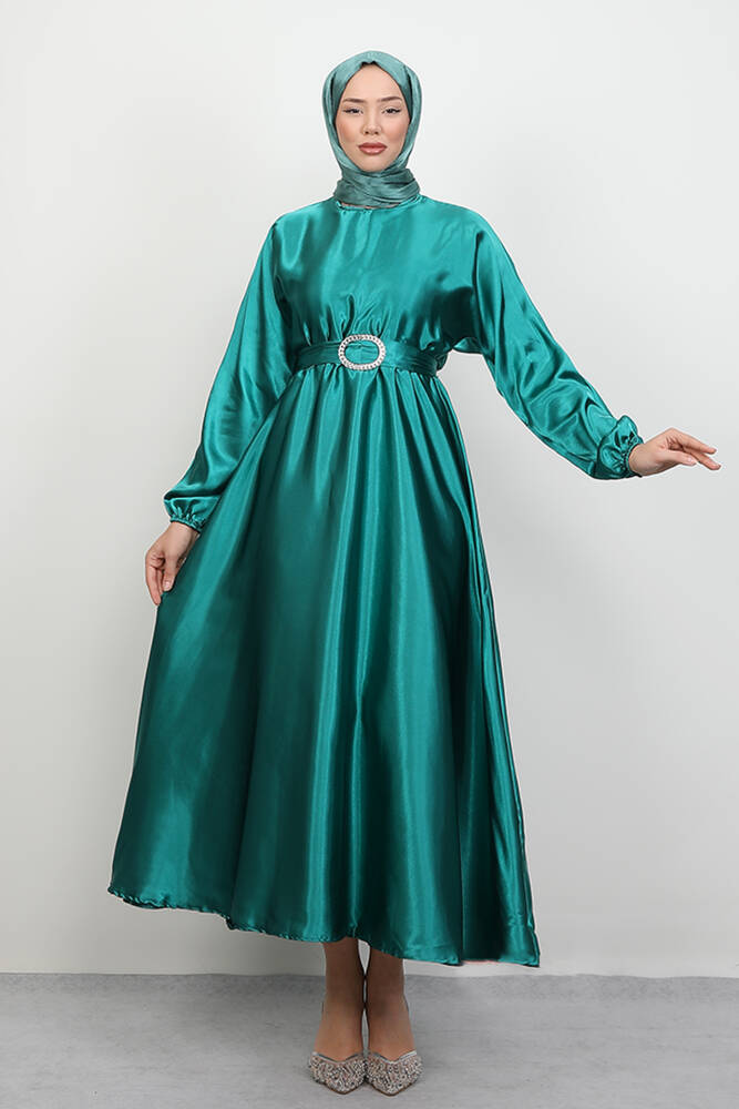 Zincir Motif Kuşaklı Elbise Zümrüt - LAMİAGİYİM